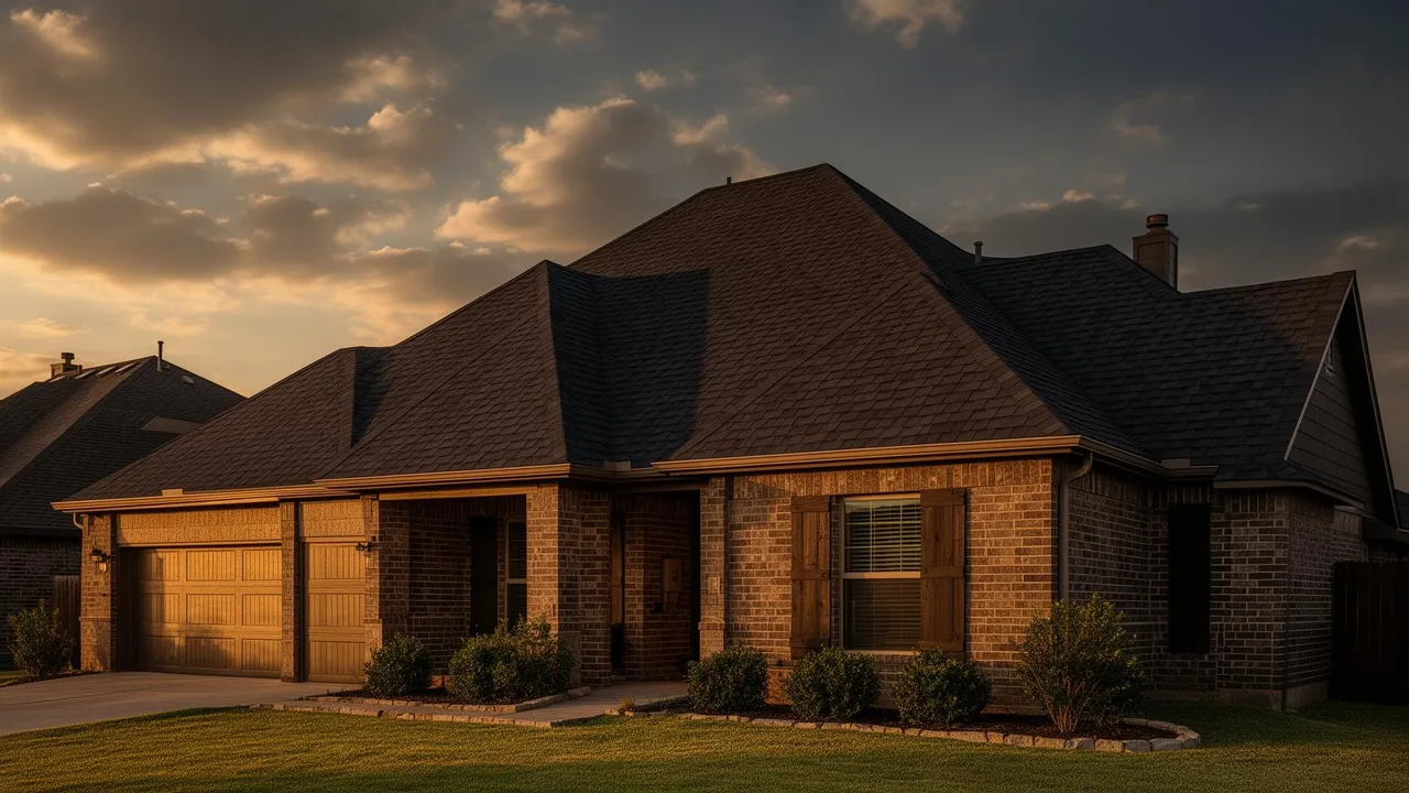 Newly installed dark architectural shingle roof on a North Texas brick home at golden hour