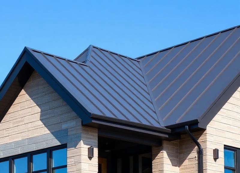 Custom home with new dark standing seam metal roof in West Addison