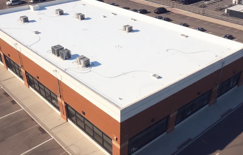 New white TPO membrane installed on a 4,200 sq ft commercial flat roof on Campbell Rd, Carrollton, TX