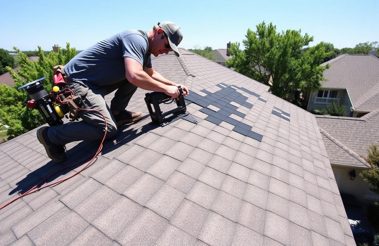 Carrollton Roofing technician replacing damaged asphalt shingles on a residential roof