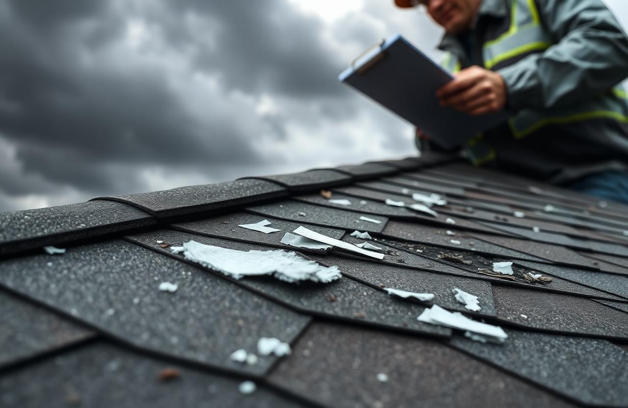 Inspector documenting hail damage and missing shingles on a Texas roof after a storm